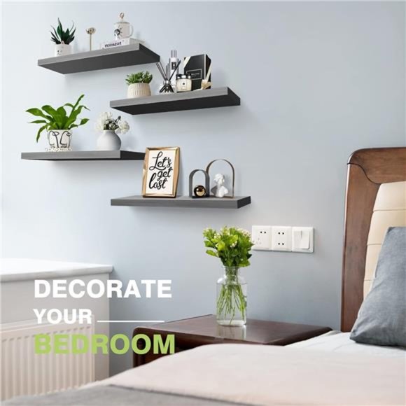 Wall Shelves, Rustic Wood Floating Shelves Set of 4, Hanging Storage Shelf - Picture 3 of 6